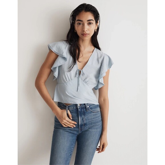 NWT Madewell Tie Front Flutter Sleeve Top 8 Weathered Sky Blue V-Neck NO768 New - Picture 1 of 7